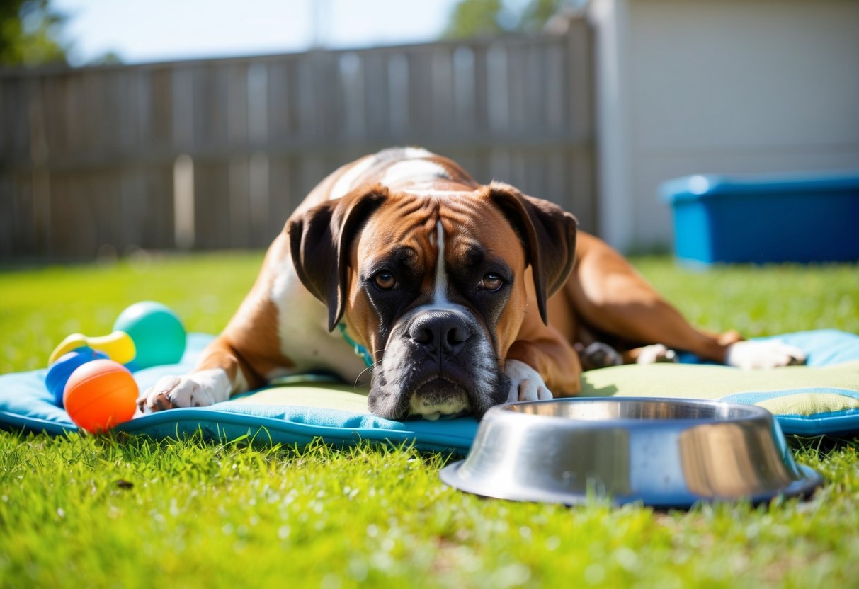 A 13-year-old boxer dog lounges in a sunny backyard, surrounded by toys and a water bowl. Gray hairs pepper its face, showing its age