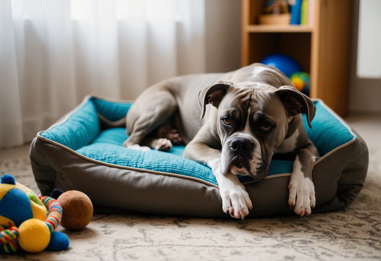 A 13-year-old boxer dog with gray fur and cloudy eyes, lounging on a worn dog bed, surrounded by toys and a well-loved blanket