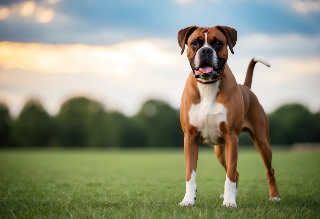 A boxer dog standing confidently, ears alert, with a friendly expression, tail wagging, and a relaxed body posture
