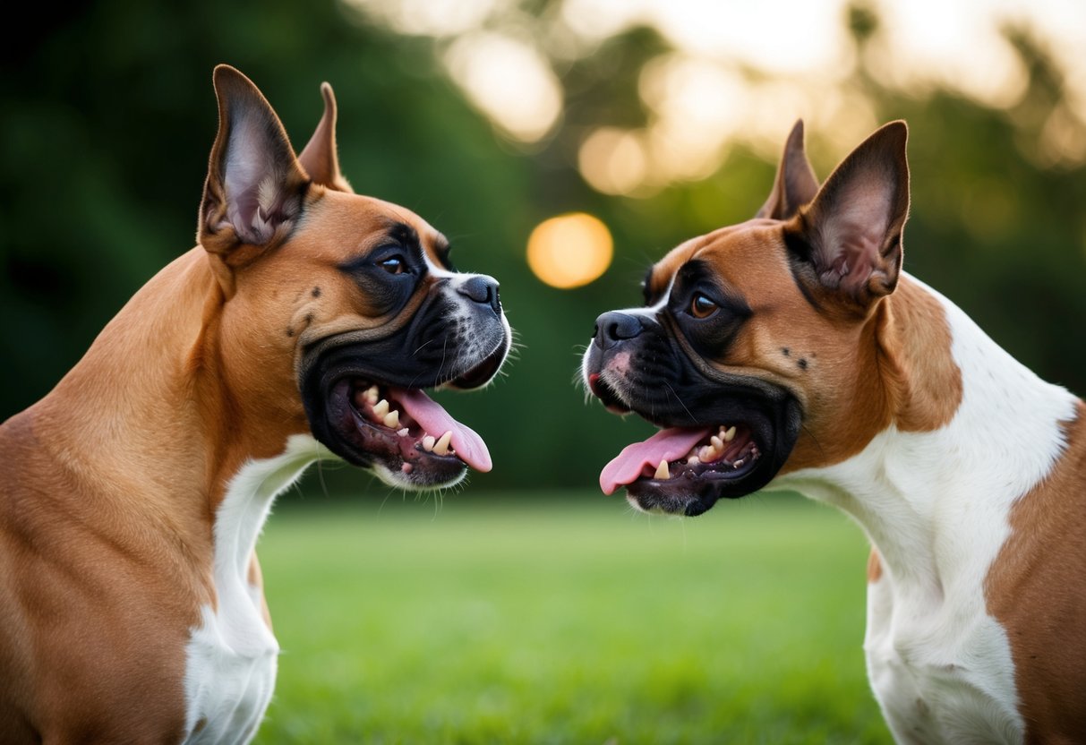 A boxer dog stands alert, ears perked and teeth bared, facing off against a perceived threat