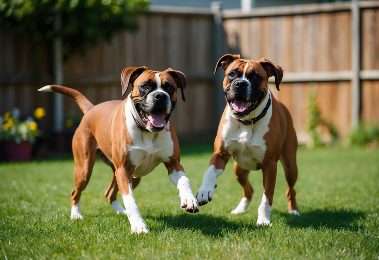 Two boxer dogs playing in a fenced yard, tails wagging, mouths open in playful panting