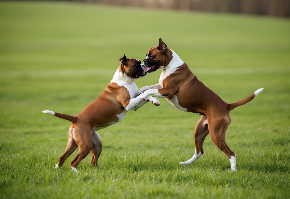 Two boxer dogs playfully wrestle in a grassy field, showing their strength and agility