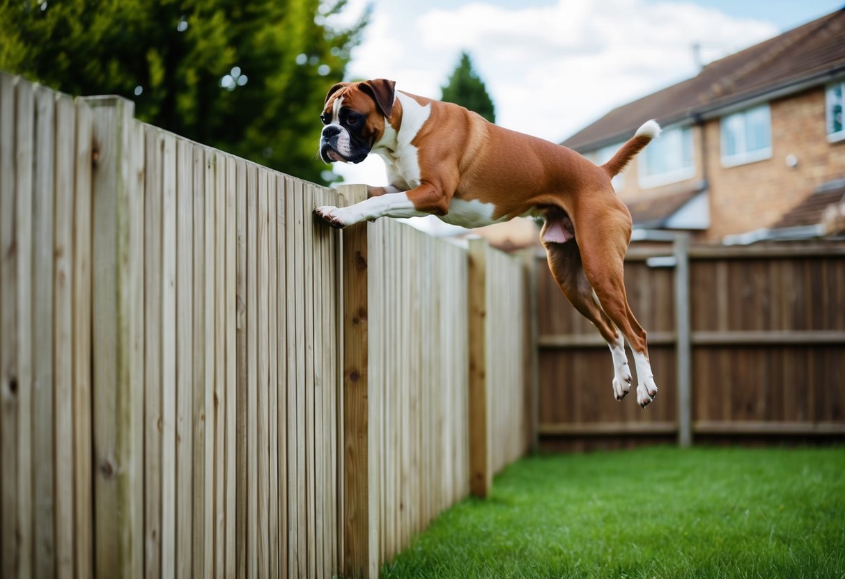 A boxer dog leaps over a tall wooden fence in a suburban backyard