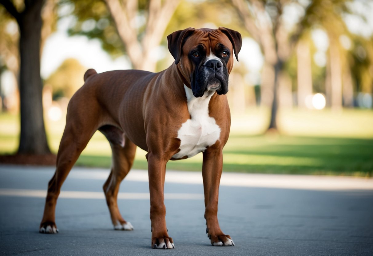 A muscular Boxer dog stands confidently, with a strong, square build and a sleek, short coat. Its powerful jaw and alert expression exude strength and athleticism