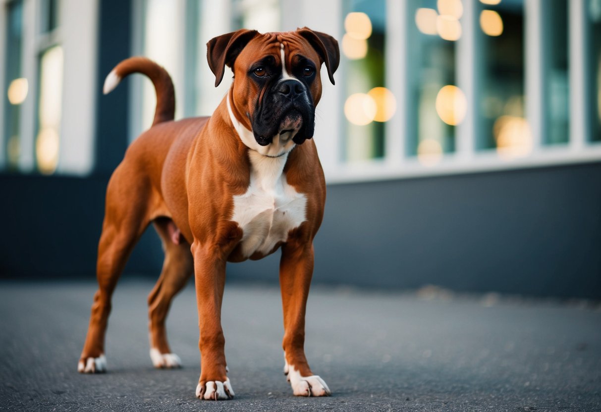 A muscular boxer dog stands confidently, ears alert and tail raised, exuding strength and determination