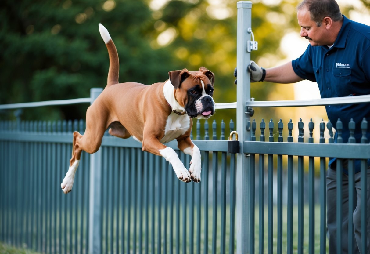 A boxer dog jumps over a tall fence, while a person installs a higher fence with a lock