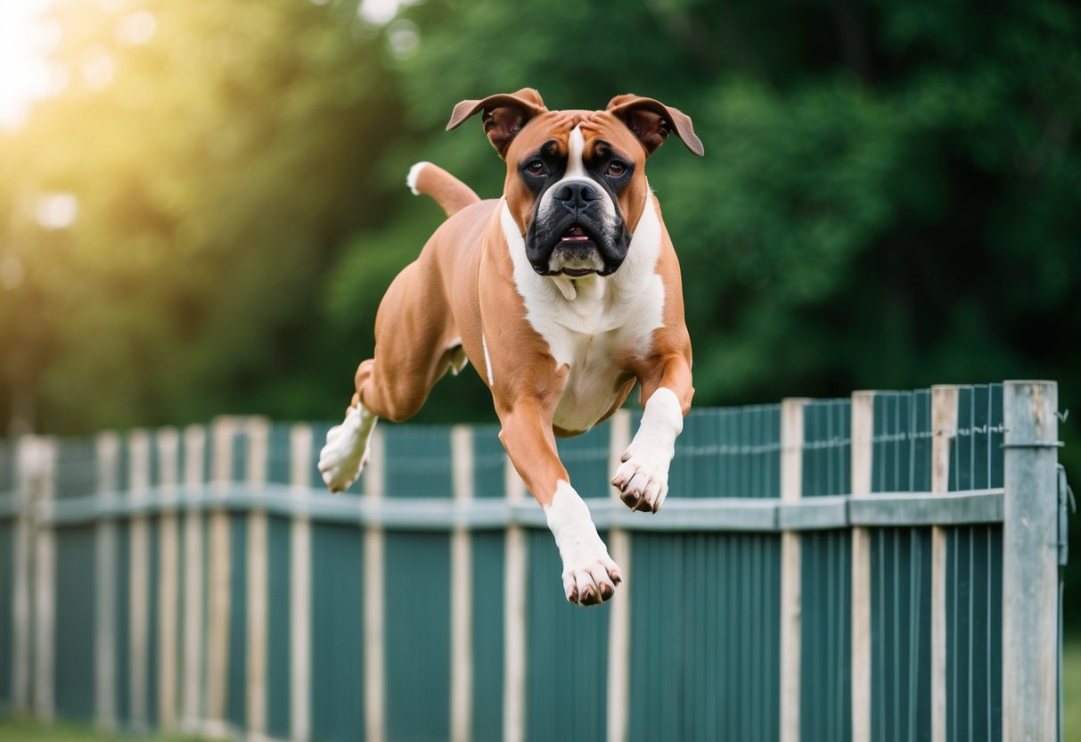 A boxer dog leaps over a tall fence, with determination in its eyes and muscles taut, mid-air