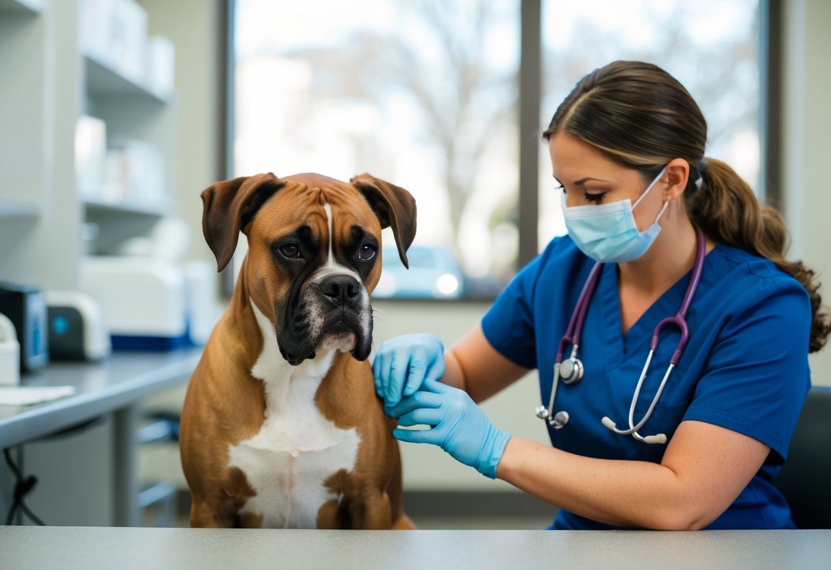 A boxer dog at the veterinarian's office, receiving a check-up and vaccinations