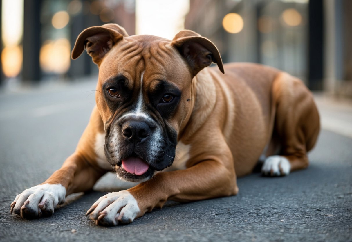 A boxer dog lying down, panting heavily, with droopy eyes and a dull coat. It is also shaking and has a noticeable lack of energy