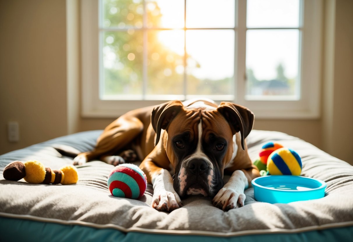 A boxer dog lies peacefully on a cozy bed, surrounded by toys and a water bowl. The sun streams in through a window, casting a warm glow on the contented canine