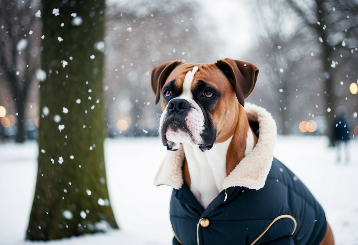 A boxer dog wearing a cozy winter coat, standing in a snow-covered park, with snowflakes falling gently around them