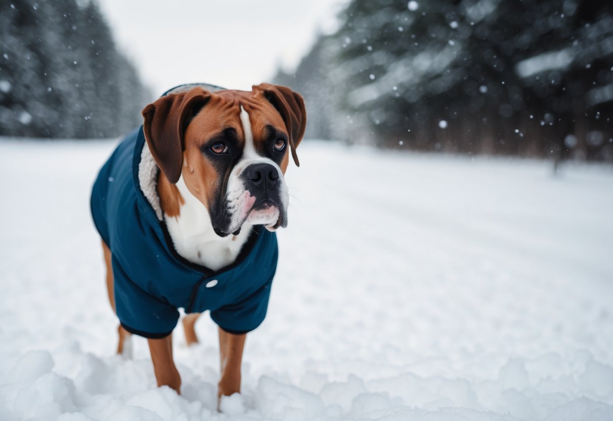 A boxer dog wearing a warm winter coat while surrounded by snow and cold weather