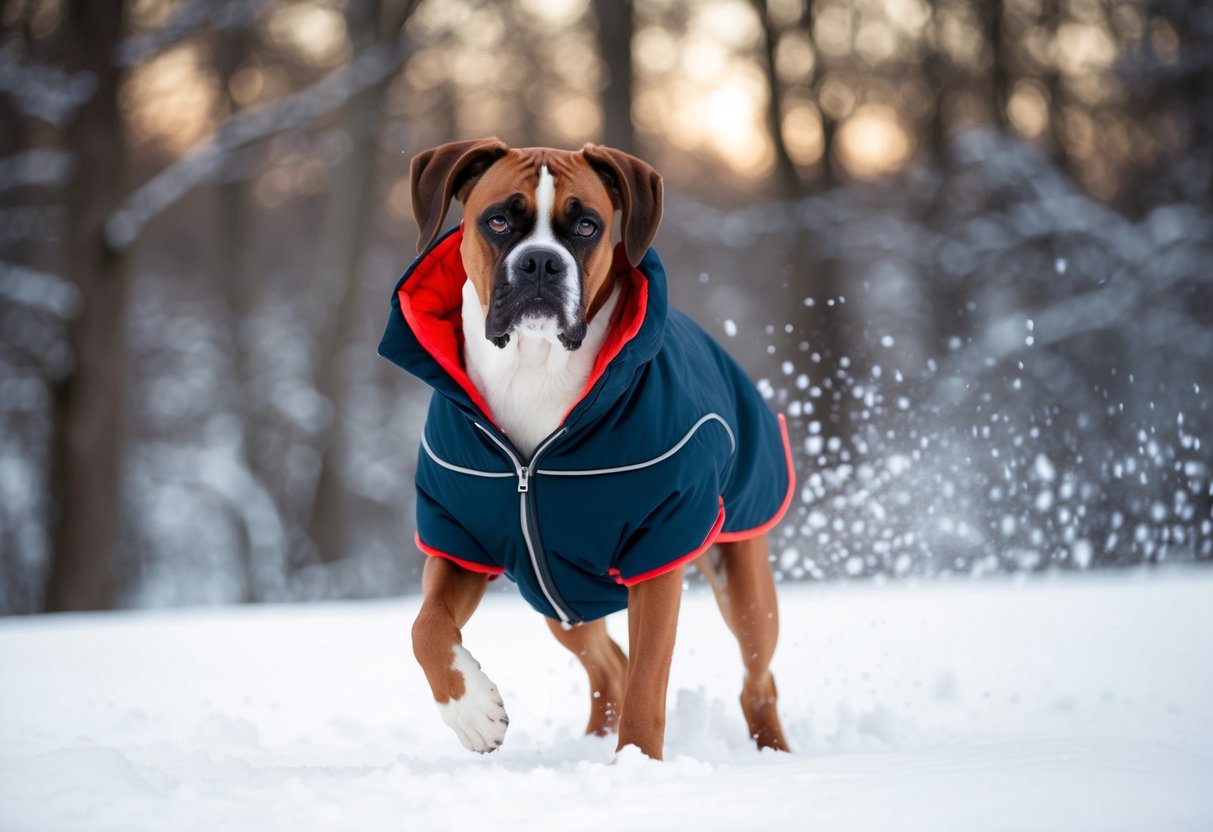 A boxer dog wearing a warm, insulated coat while playing in the snow