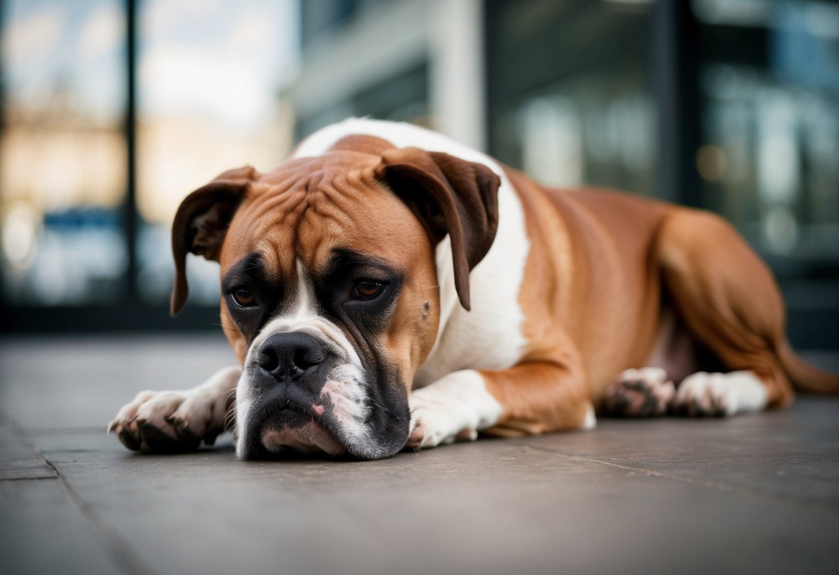 A boxer dog lying down, looking weak and tired, with a sad expression on its face. Its body appears frail and its breathing is labored