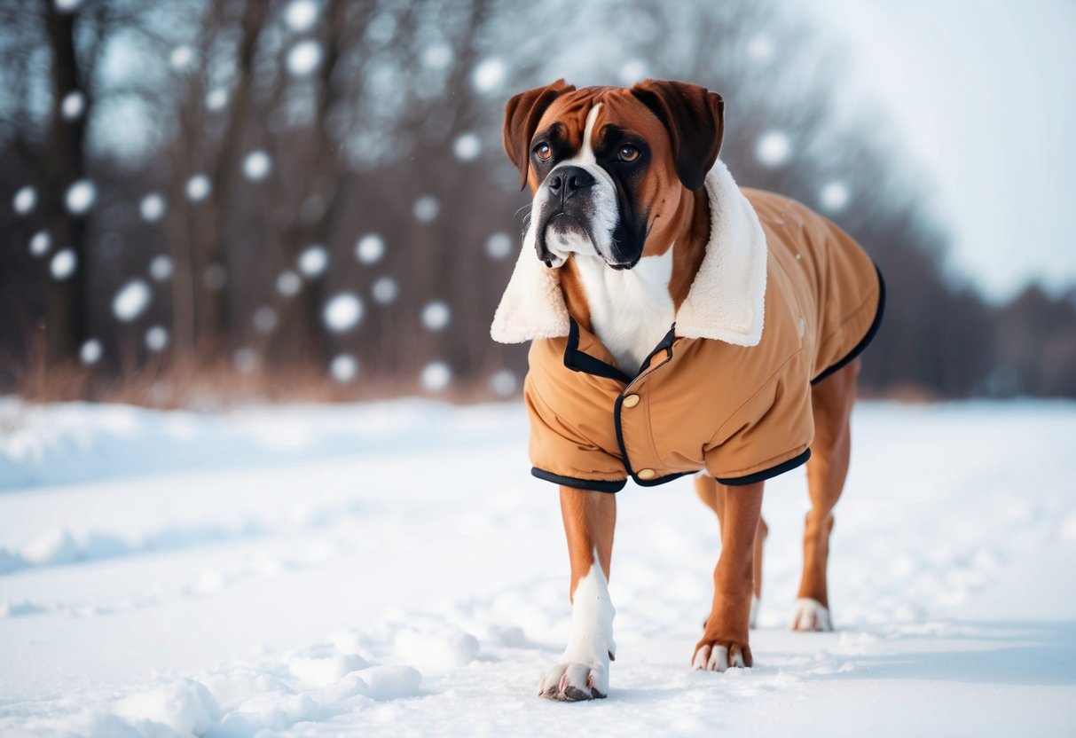 A boxer dog wearing a warm coat while walking in a snowy, winter landscape