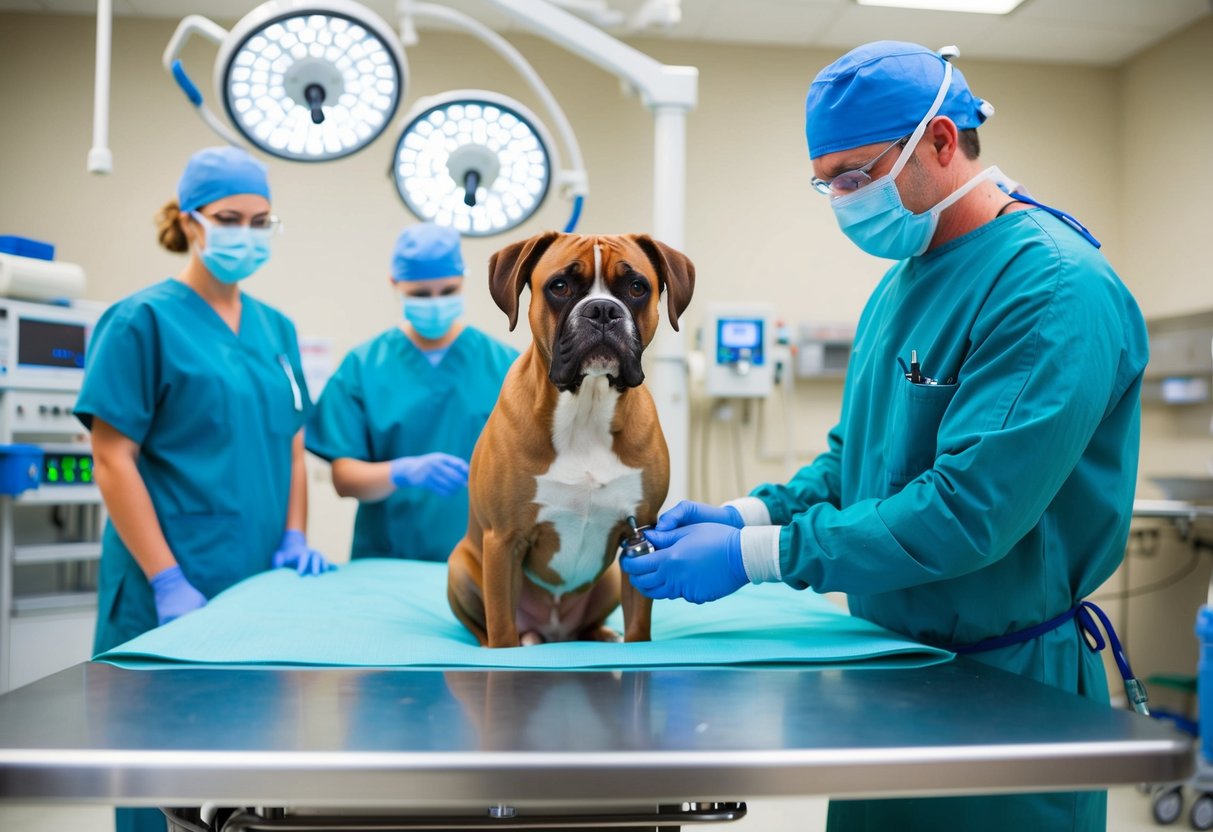 A female boxer dog being spayed by a veterinarian in a sterile operating room with medical equipment and a surgical team present