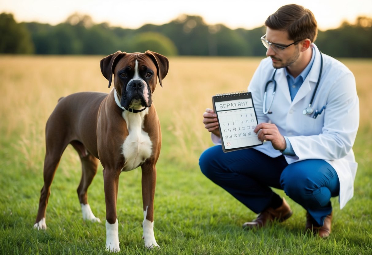 A female boxer dog stands in a grassy field, with a veterinarian holding a calendar, discussing the best time for spaying
