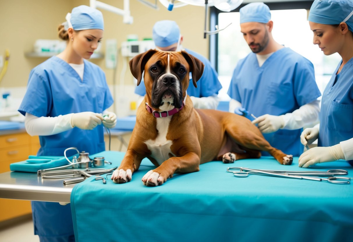 A female boxer dog lying on a veterinary operating table, surrounded by surgical tools and a team of veterinarians preparing for the spaying procedure