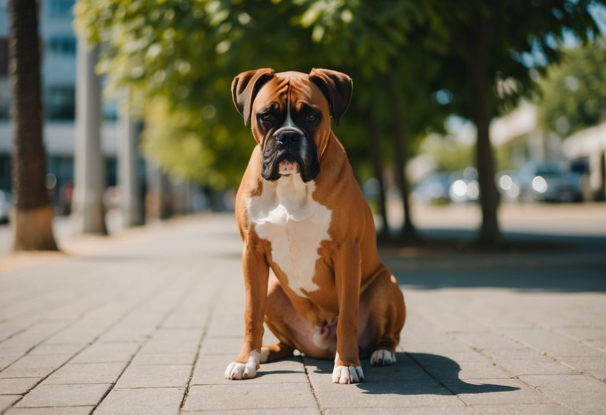 A boxer dog pants in the shade, avoiding the hot sun