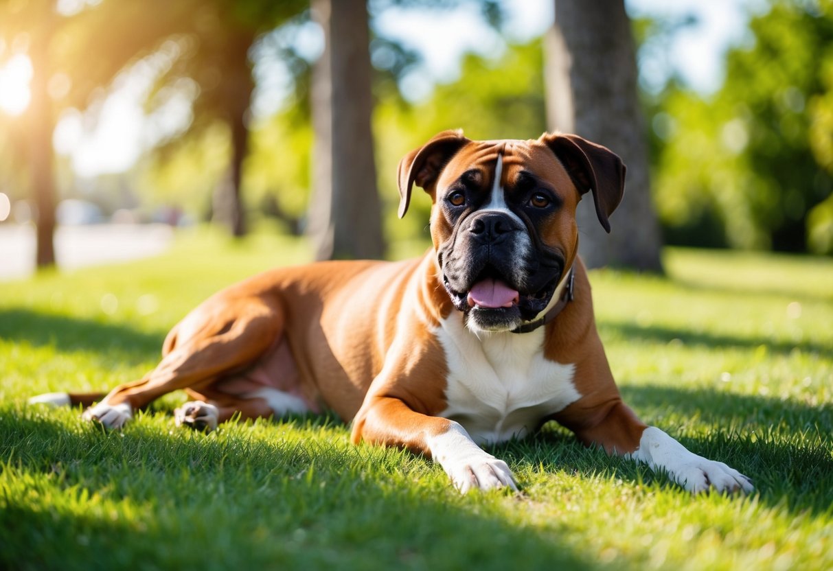 A boxer dog lies panting in the shade, avoiding direct sunlight on a hot day