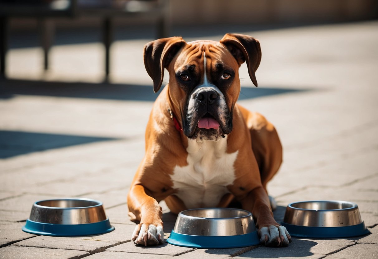 A boxer dog panting heavily in the sun, with drooping ears and a distressed expression, surrounded by empty water bowls and signs of heat exhaustion