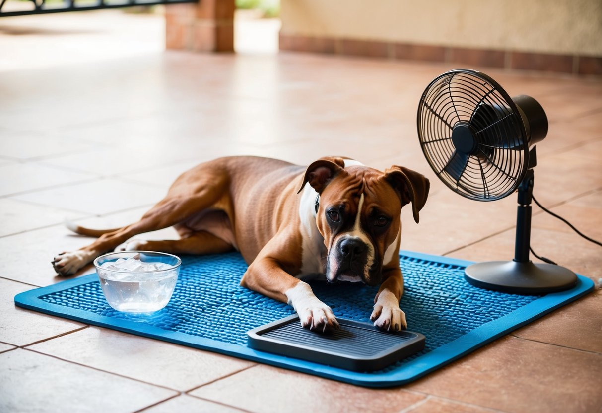 A boxer dog lying on a shaded, tiled floor with a cooling mat and a bowl of ice water nearby. A fan is blowing gently to provide relief from the heat