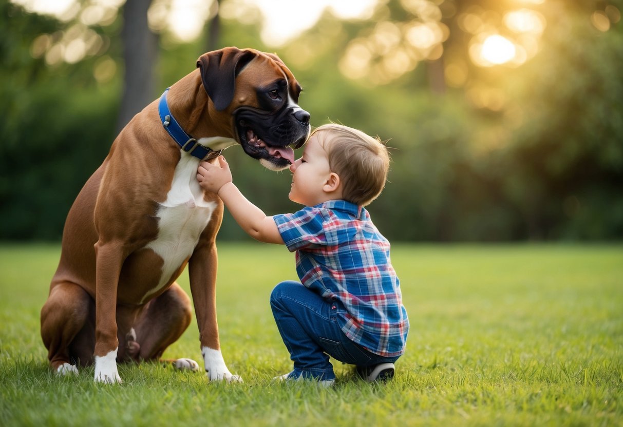 A boxer dog nuzzles a small child, their tails wagging happily
