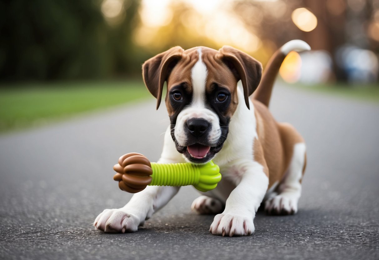 A boxer puppy playing with a chew toy, tail wagging, ears perked up, and a playful expression on its face