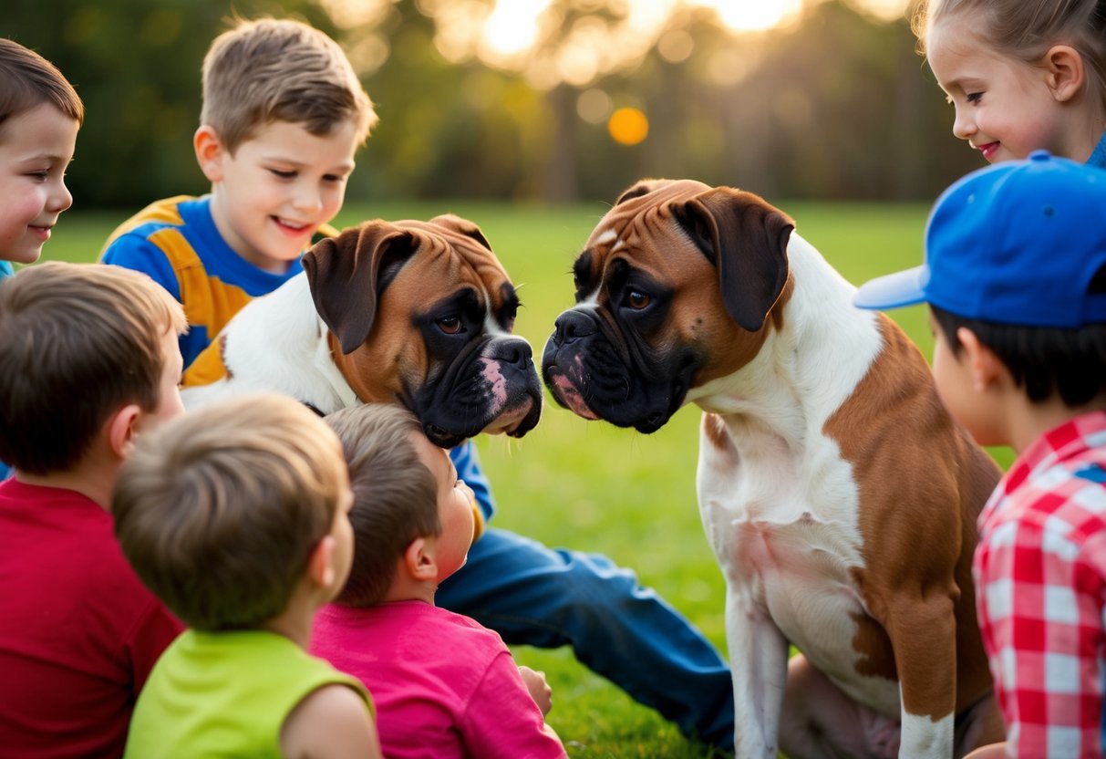Two boxers playfully interact with a group of children, showing their gentle nature and affectionate demeanor