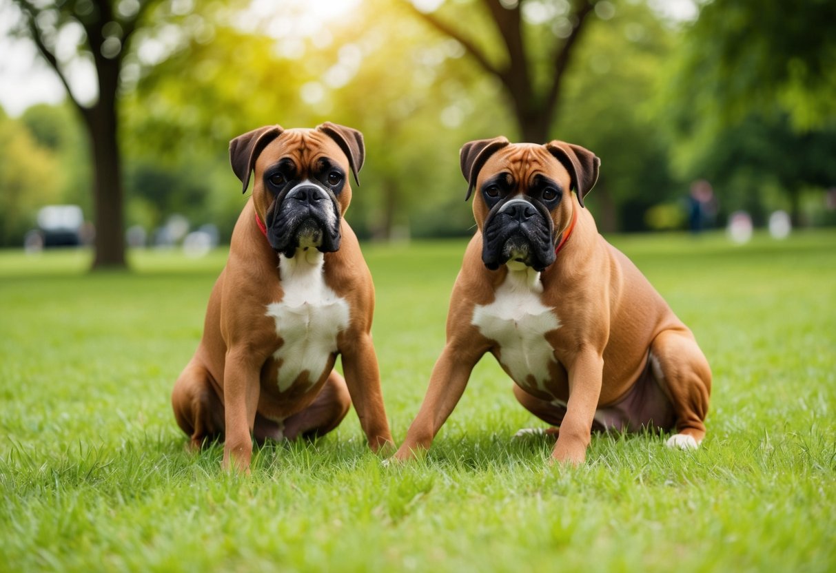 Two boxers peacefully playing in a grassy park