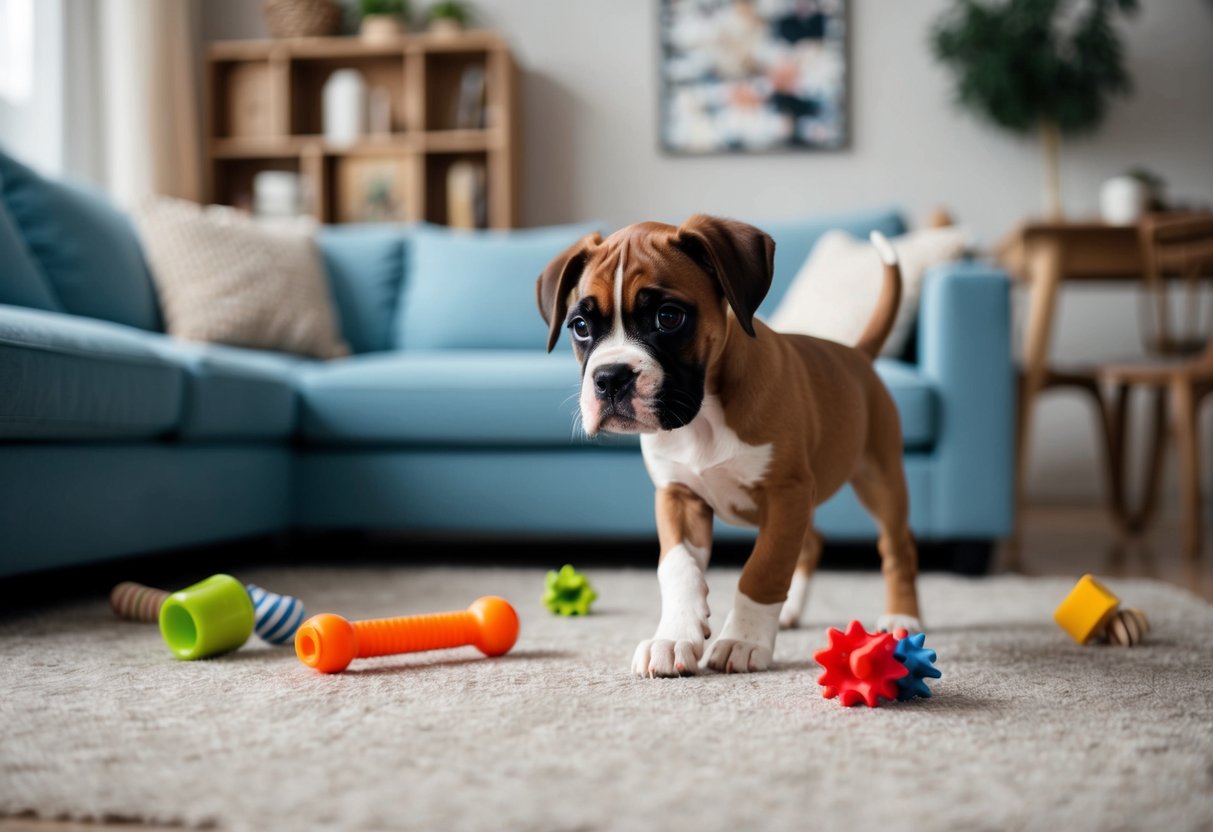 A playful boxer puppy exploring a living room, surrounded by chew toys and a cozy bed