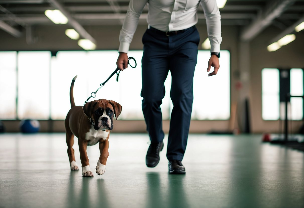 A boxer puppy eagerly follows its owner, practicing obedience and learning good habits in a spacious, well-lit training area