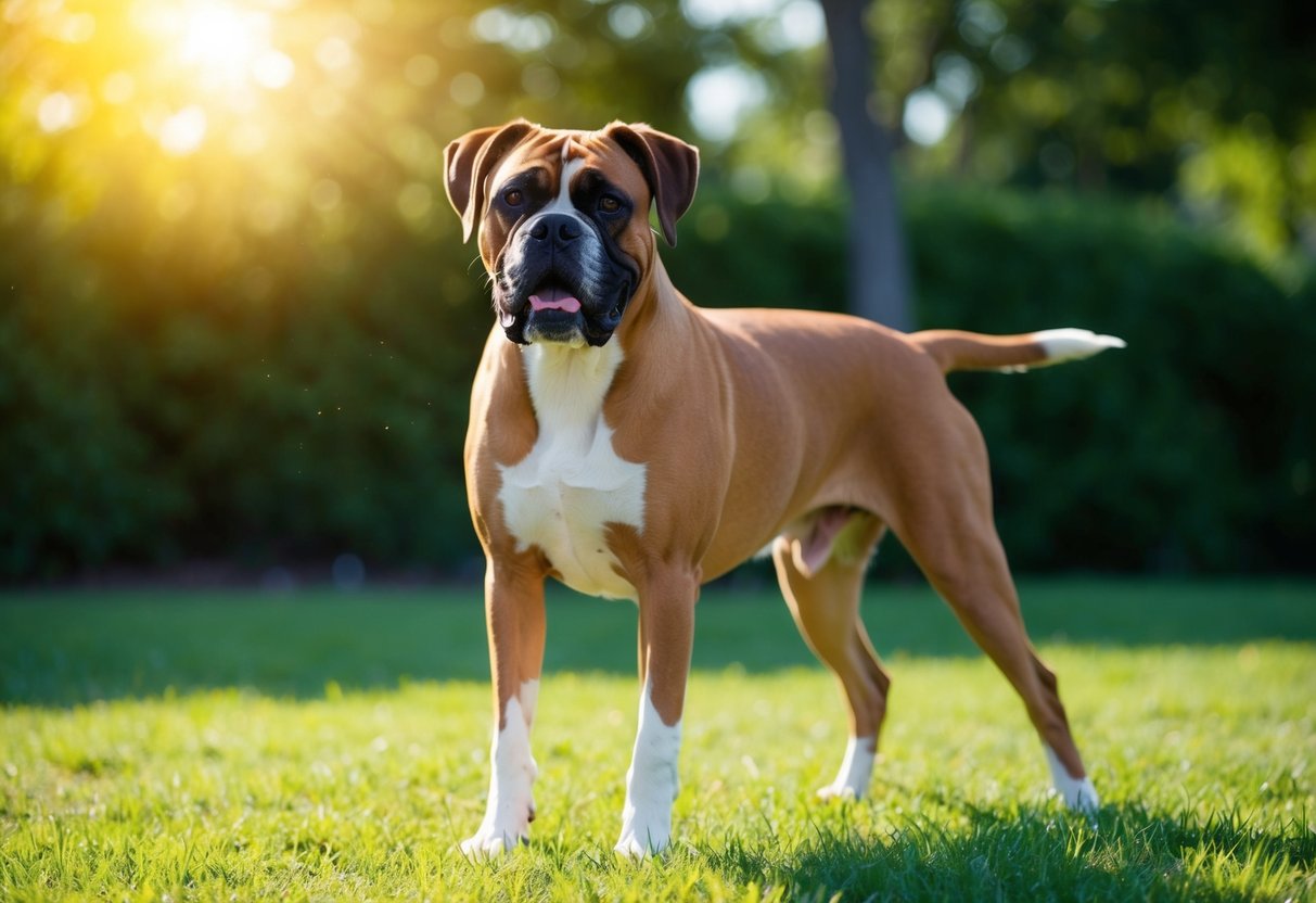 A boxer dog stands in a grassy yard, ears alert, tail wagging. The sun shines down as the dog enjoys the outdoors