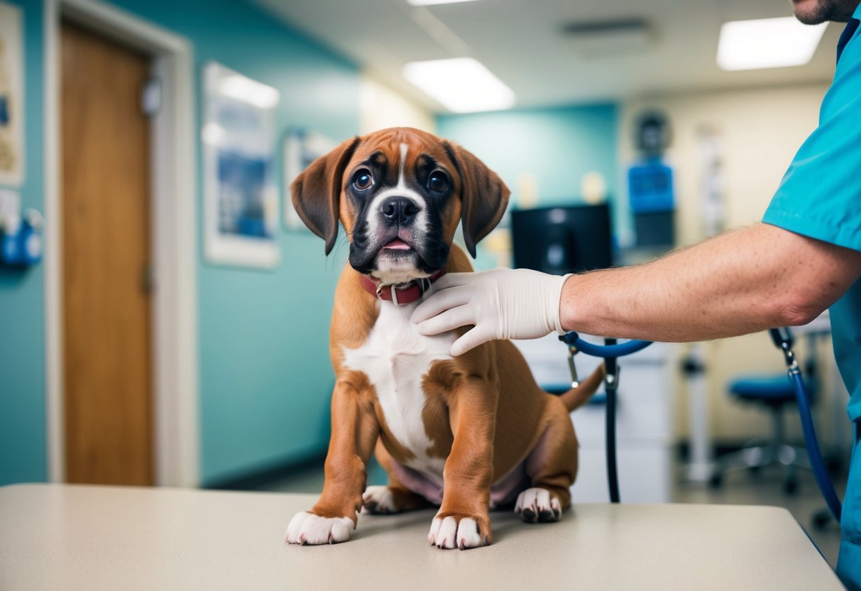 A playful boxer puppy eagerly awaits a check-up at the veterinarian's office, wagging its tail and looking up with bright, curious eyes