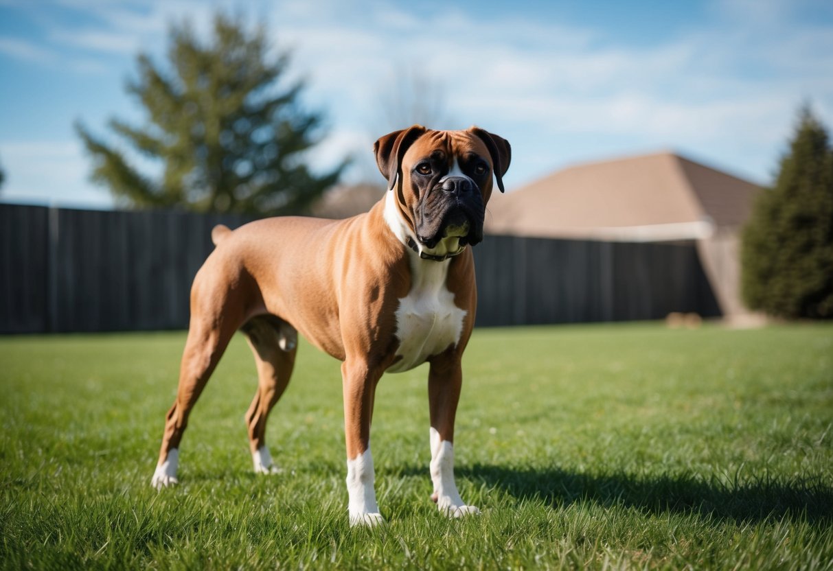 A boxer dog standing outside in a grassy yard, with a sunny sky and a few trees in the background