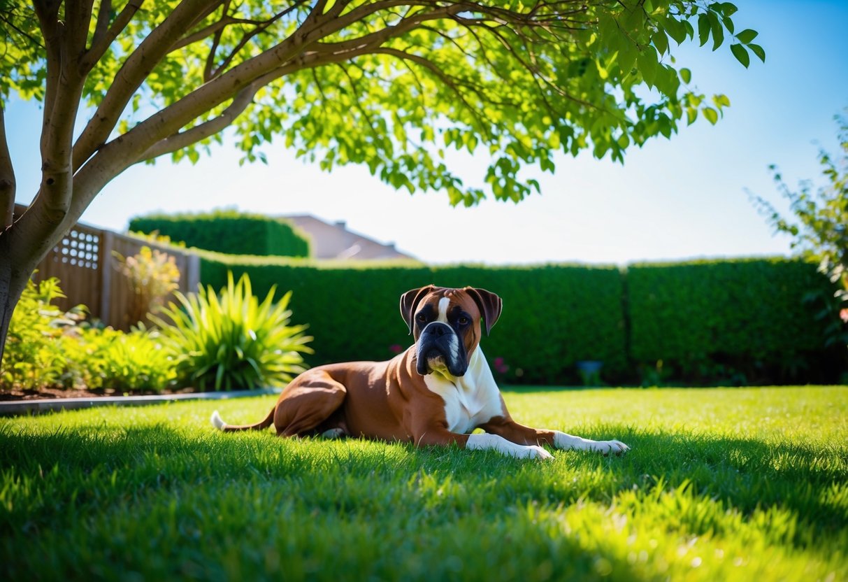 A sunny backyard with a boxer dog lounging under a shady tree, surrounded by greenery and a clear blue sky
