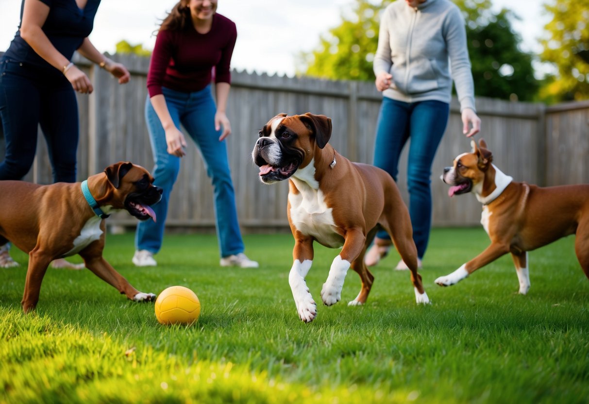 A boxer dog playing in a fenced backyard, interacting with other dogs and people