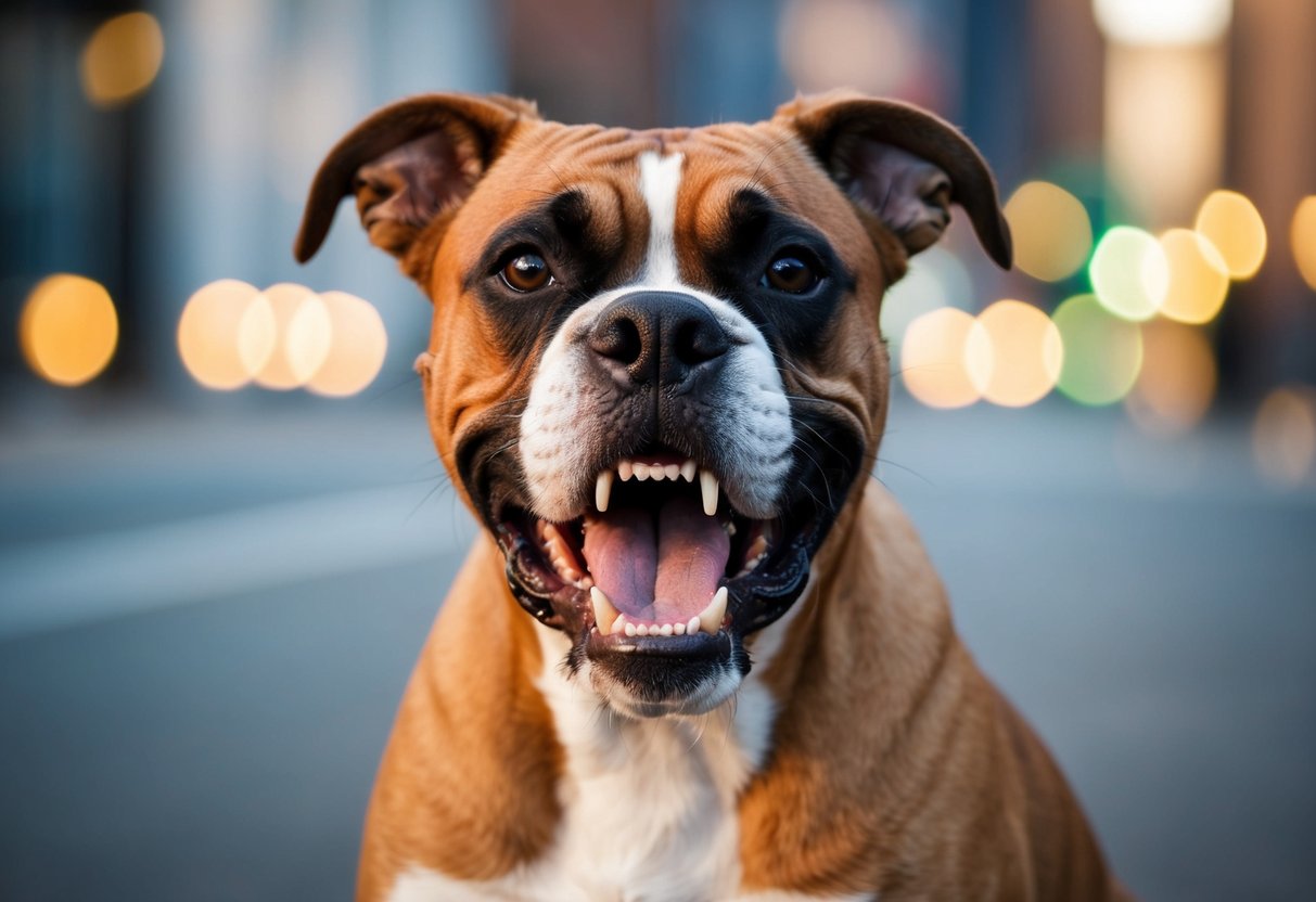 A boxer dog growls and bares its teeth, showing signs of potential aggression