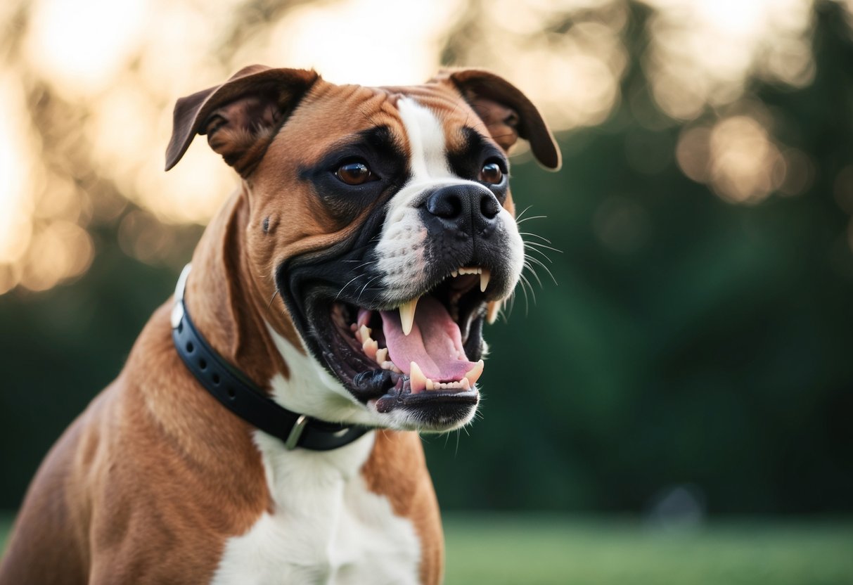 A boxer dog baring its teeth in a defensive stance