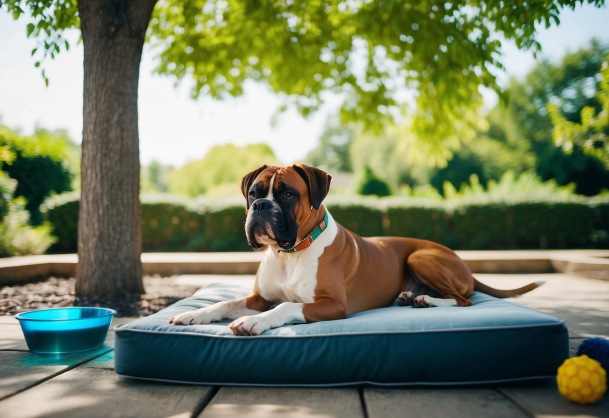 A boxer dog lounges on a cushioned outdoor bed under a shady tree, with a water bowl nearby and a few toys scattered around