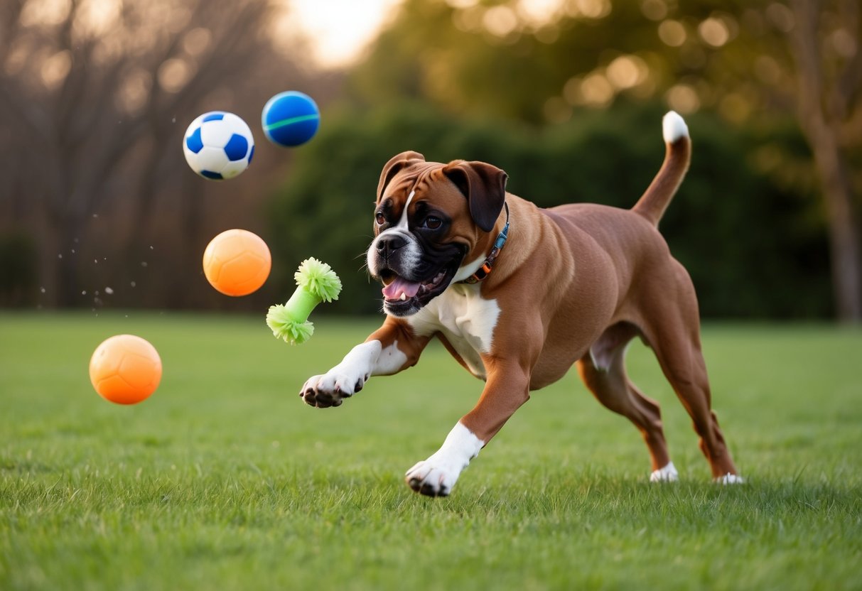A boxer dog playing with a variety of toys and engaging in vigorous physical activities, such as running, jumping, and playing fetch