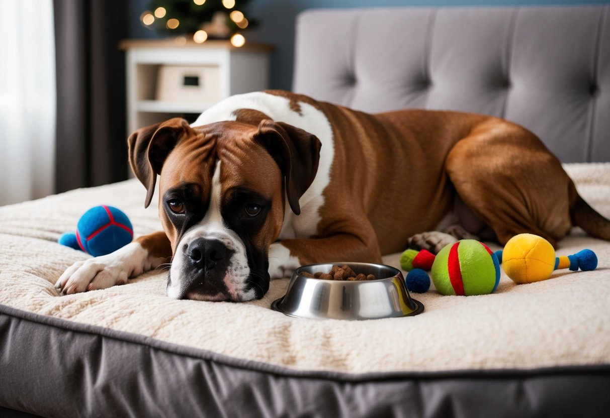 A boxer dog lying on a plush bed, surrounded by toys and a food bowl