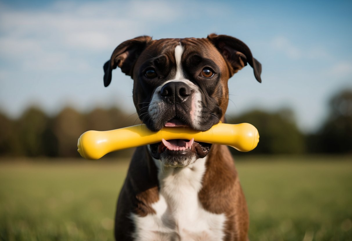 A boxer dog gently holds a chew toy in its mouth, showing no signs of aggression or biting