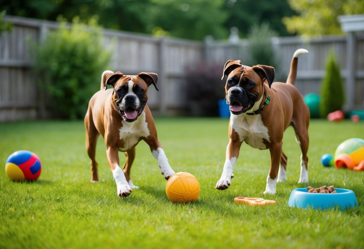 Two boxer dogs happily playing in a spacious backyard, surrounded by toys and fresh green grass. A water bowl and healthy dog treats are nearby