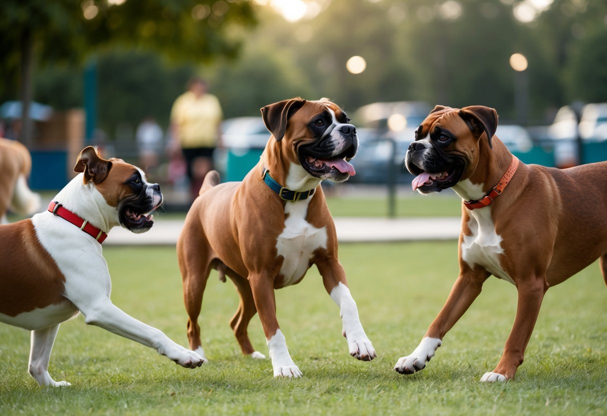 Two boxer dogs playfully interact with other dogs at a busy dog park, showcasing their sociable and trainable nature
