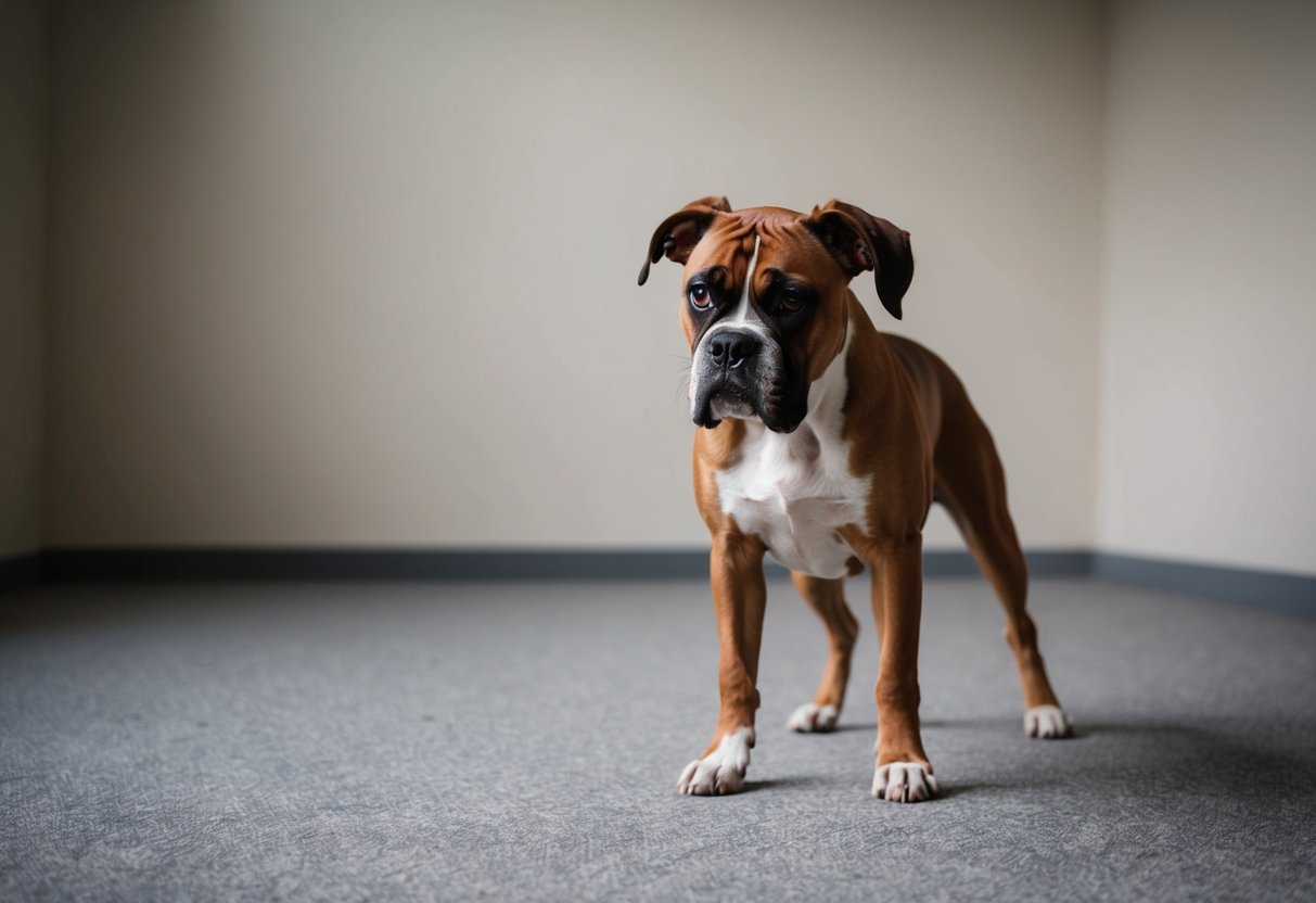 A boxer dog paces nervously in an empty room, ears pinned back and tail tucked between its legs. Its eyes are wide with anxiety