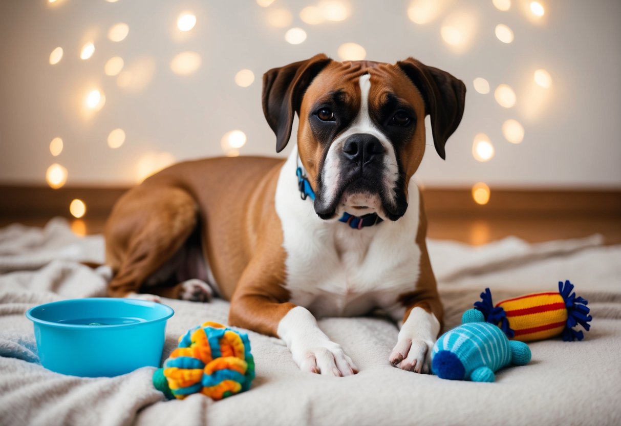 A female boxer dog lying on a soft blanket, surrounded by toys and a water bowl, with a peaceful expression on her face