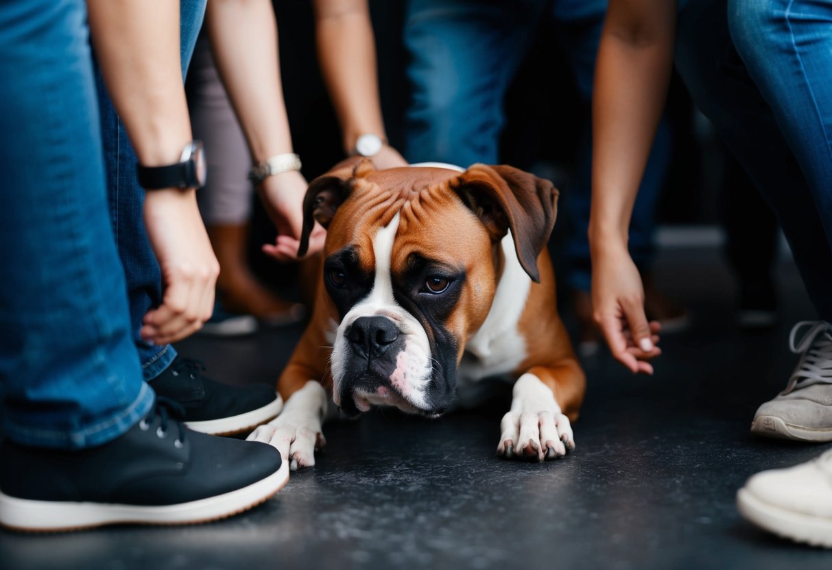 A boxer dog cowering in a corner, surrounded by chaotic elements like loud noises and unfamiliar people