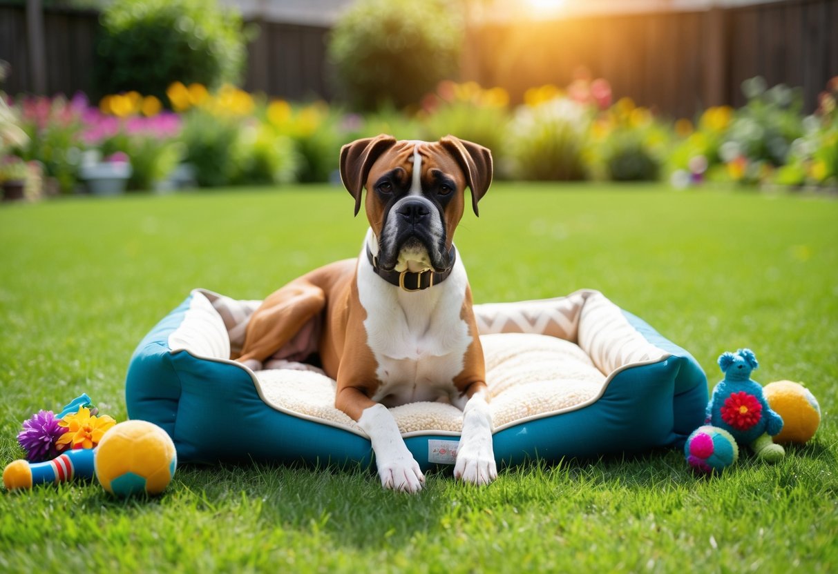 A female boxer dog, surrounded by her toys and a cozy bed, enjoys a sunny day in a spacious backyard, filled with green grass and colorful flowers