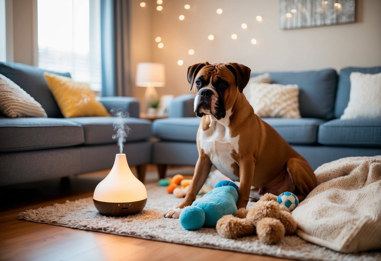 A boxer dog sits calmly in a cozy living room, surrounded by comforting toys and blankets. A soothing diffuser emits calming scents, while soft music plays in the background
